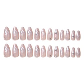 BSLVWG 24 Pieces Almond Press on Nails Short, French Lace Fake Nails Glossy Glitter False Nails with Glue Stickers, Nails Full Cover Fake Nails Women Girls (01)