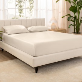 Bare Home 100% Organic Cotton Sateen Fitted Sheet - Smooth Sateen Weave - Breathable & Cooling - Hotel Luxury - Durable Fitted Sheet - Deep Pocket (Twin XL, Sand)