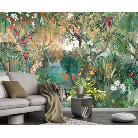 Jdayda Tropical Plant Forest Wallpaper Mural Animals and Flowers Jungle Landscape Wall Mural for Bedroom Living Room Bathroom