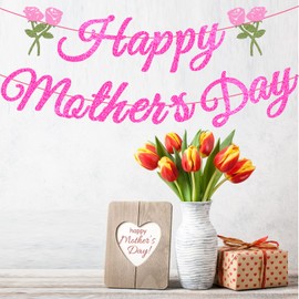 Happy Mothers Day Party Decorations Supplies Pink Glitter Happy Mother's Day Banner with Flower Sign Mothers Day Home Party Mantle Fireplace Photo Props