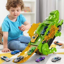 Ci Vetch Toddler Car Toy for 3 4 5 6 Year Old Boys, Toy Cars Dinosaur Transporter Truck with 10 Die-Cast Car Toy, Transforms into Dino, Toddler Car Toy, Green