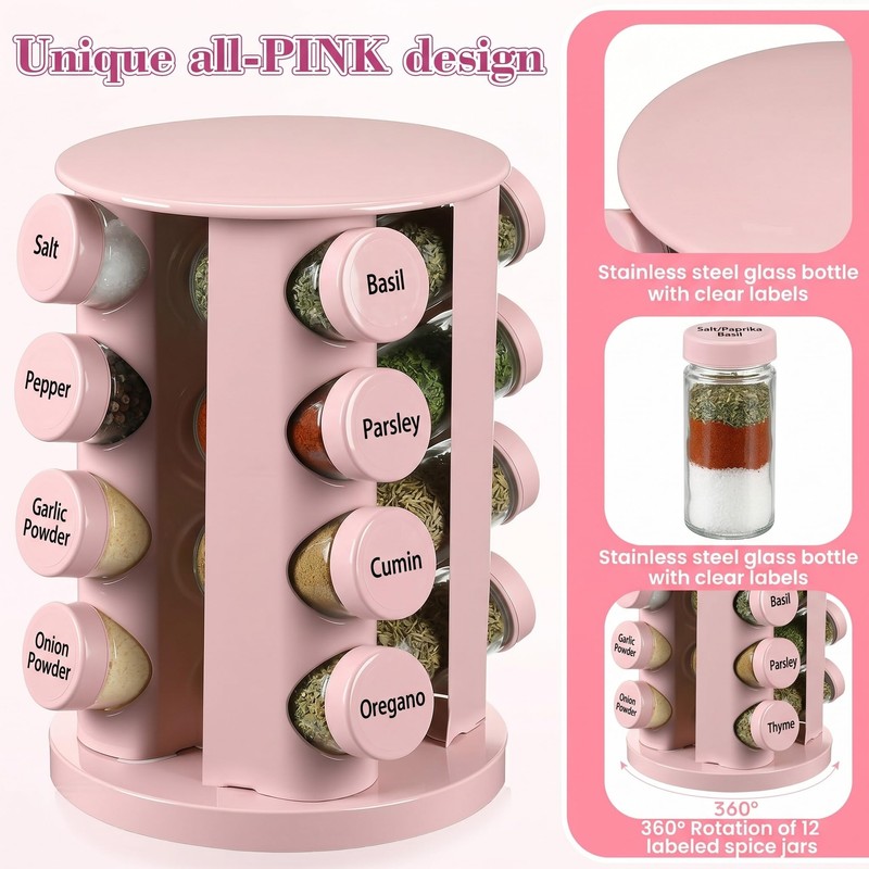 Yungyan Pink Rotating Spice Rack Seasoning Organizer with 16 Empty