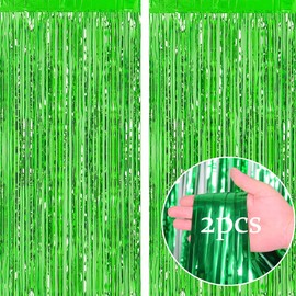 2pcs 3.2ft x 6.5ft Green Metallic Tinsel Curtains Foil Curtain Decorations Foil Fringe Curtain Door Curtains Hanging Streamers for Party Supplies (Green)