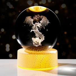 8cm Crystal Ball 3D Dragon Ornament with LED Stand Glass Gothic Dragon Collectible Paperweight Gifts for Women Birthday