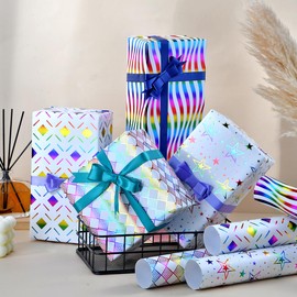 Gift Wrapping Paper Colorful Metallic Foil Wrapping Paper with Ribbon Birthday Wrapping Paper for Girls Women Dots Star Strip Wrapping Paper for Birthdays Weddings Baby Showers, 6 Sheets, 50x70CM