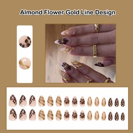 ANDGING Almond Press on Nails Short Medium Pink Brown Fake Nails with Flower Gold Line Designs Glue on Nails for Wedding Gel Pressons Nails Acrylic False Nails for Women Manicure Stick on Nails