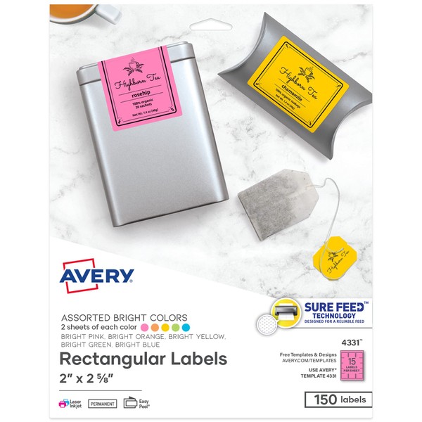 Avery Labels with Sure Feed, Assorted Bright Colors, 2" x 2-5/8", Laser/Inkjet, 150 Labels (4331)