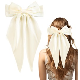 2Pcs Haarschleifen Mädchen, Haarschleife Französische Satin Haarspangen mit Großer Schleife und Langen Schwanz, 90er Jahre Accessoires für Frauen und Mädchen (Cremefarben)