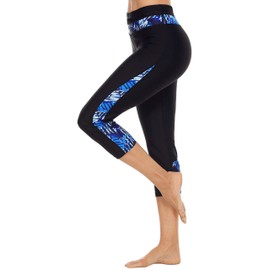 Charmo Swim Pants for Women High Waisted Swimming Leggings Stretch Swim Capris Sporty Long Swim Board Shorts Blue Print M