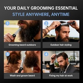 Peine de bolsillo plegable para hombres, herramienta de peinado de cabello y barba de acero inoxidable, diseño compacto giratorio de 180°, dientes red