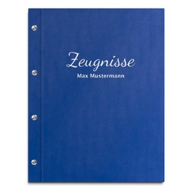 Handmade Certificate Folder with Your Own Name in Blue Leather Look - Includes 12 Pockets - Certificate Folder