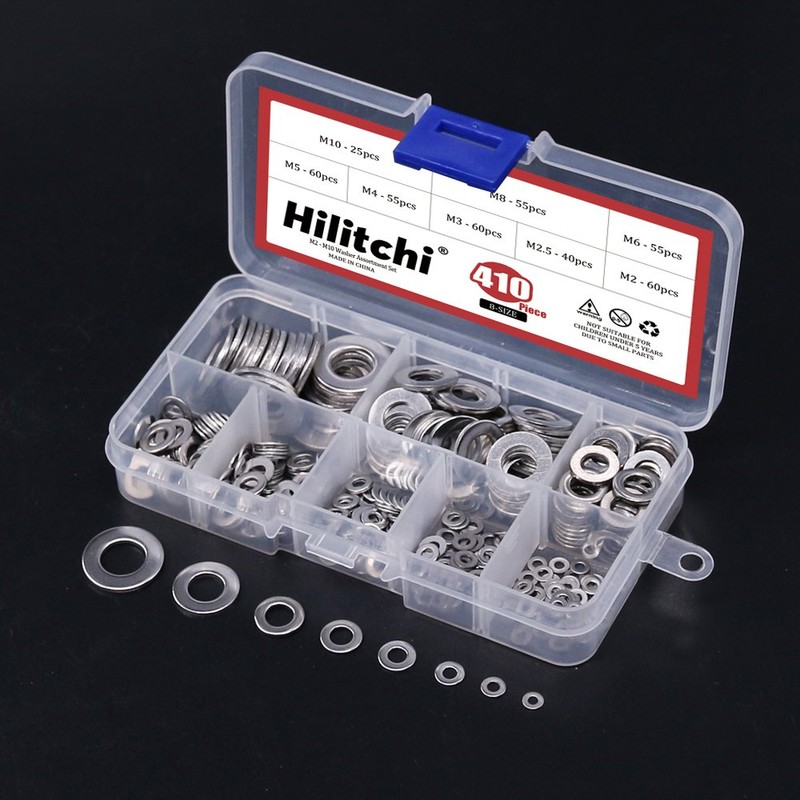 Hilitchi 410-Pcs [8-Size] 304 Stainless Steel Flat Washer Assortment Set
