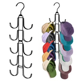 Hat Organizer for Closet, Collapsible Metal Caps Rack with 10 Large Hooks, Holds Up to 40 Baseball Caps, Rotatable Space Saving Hat Hanger for Closet Organizers and Storage, Black