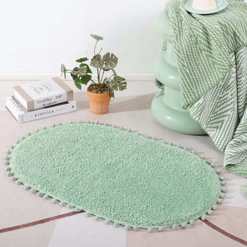 YIRDDEO Sage Green Pom Bath Rug for Bathroom Non Slip,