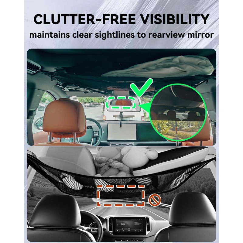 Car Ceiling Cargo Net with 2 Pockets - 35.4"x25.6" Cross-Strap