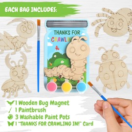 12 Pack Bug Party Favors for Kids - Individually Wrapped Paint Your Own Wooden Magnet Craft Kits with Thank You Card, Insect Birthday Party Supplies for Preschoolers