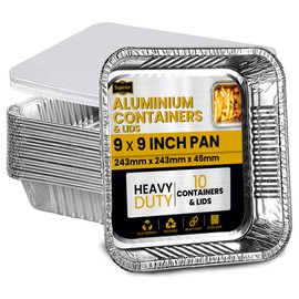 Superior 10-Pack Aluminium Foil Trays with Paper Lids, Heavy Duty Aluminium Takeaway Containers, Freezer & Oven Safe Tin Foil Trays For Baking, Cooking, Broiling, Storage Containers, 9 x 9 inch