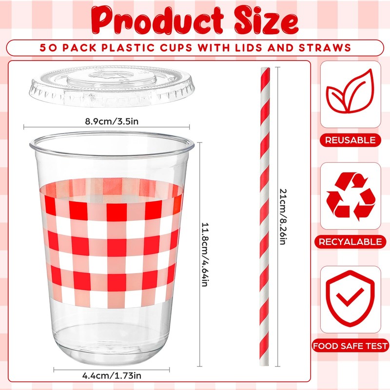Singhoow 50 Set 16 oz Red U-gingham Gingham Cups Plastic