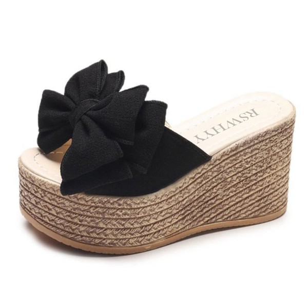 RSWHYYY Women’s Slippers/Sandals, Thick Sole, Cute, Bowknot, High Heels, Summer Fashion - black