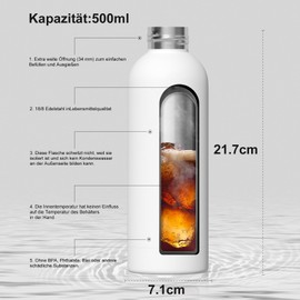 WATERSY Insulated Water Bottle Stainless Steel Bottle 500 ml Water Bottle Thermal Stainless Steel Dopper Thermos Flask Leak-Proof 24 Hours Cold Ideal for School, Office, Sports Hall, White