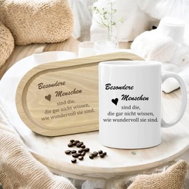 Geschenkset mit Holz-Serviertablett und Tasse, Besondere Menschen Gravur, Geschenk für die besondere Menschen (Tasse weiß + Serviertablett)
