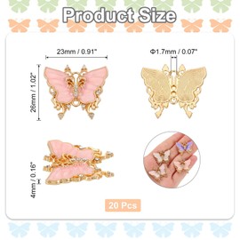 sourcing map 20 Pcs Mini Butterfly Charm, Metal Gold Plated Butterfly Pendant with Diamond for Jewelry Making DIY Bracelet Necklace Earring Phone Accessories Keychain, Pink, 23x26mm