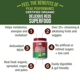 Peak Performance Organic Reds Superfood Powder, Best Tasting Red Juice Super Food w/ 25+ All Natural Ingredients & Polyphenols, Vital for Max Energy a