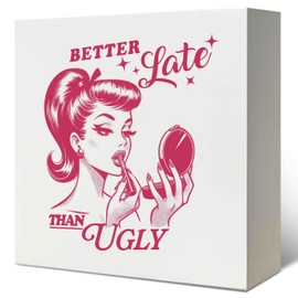 LUKIPOM Pink Coquette Room Decor, Vintage Better Late than Ugly Preppy Wooden Box Sign, Girly Bathroom Decor, Coquette Decor, Preppy Room Decor Aesthetic, Pink Desk Decor, 5x5 Inch