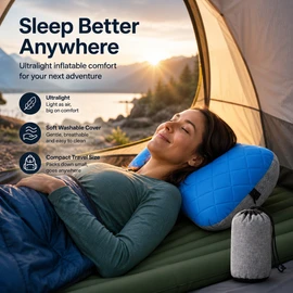 Inflatable Camping Pillow for Travel Comfort – Ultralight Neck Support Pillow with Washable Cover for Hiking & Backpacking