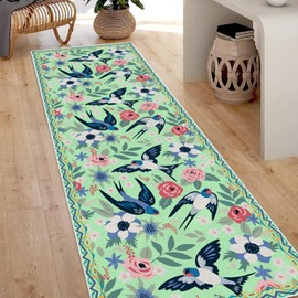 Alfombra de camino floral botánico de 2 x 3 pies, alfombra verde peonía para pasillos, antideslizante, suave, de pelo bajo, diseño bohemio, para entrada, pájaros, alfombras finas y lavables