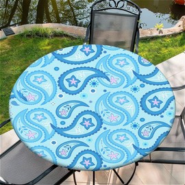 Outdoor Round Tablecloth with Elastic Band, Diameter 36 inches (90 cm), Elastic Garden Tablecloth with Blue Flower Pattern, Tables Garden Tablecloth for Outdoor Kitchen