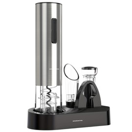OVENTE Electric Wine Opener Set, Rechargeable Cordless Wine Corkscrew with Charging Base, Foil Cutter, Pourer and Vacuum Stopper, Ideal for Home Bar, Outdoor Parties and Christmas Gift, Silver WBR446S