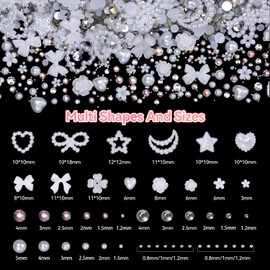 3 Boxes Nail Charms, White Bows Heart Flowers Star Acrylic Nail Art Charms and Nail Gems, Crystal AB Rhinestones Gems Metal Nail Beads, Flatback Nail Art Pearls for Nail Art DIY