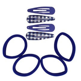 Topkids Accessories 8pc Shool Hair Accessories Set, Gingham Pattern and Plain Snap Hair Clips Sleepies with Hair Elastic Bands, Girls School Uniform Colours (Royal Blue)