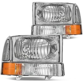 DWVO Headlights Assembly Compatible with 1999-2004 Ford F-250 F-350 F-450 F-550 Super Duty/2000-2004 Ford Excursion Pickup Truck Signal Lamps Chrome Housing Clear Lens Amber Reflector