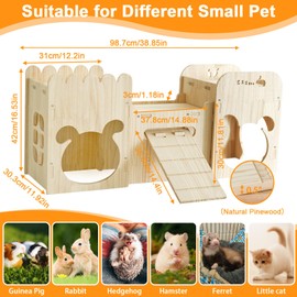 Natural Wooden Rabbit Castle House,Extra Large Bunny Castle for Rabbit Guinea Pig Chinchilla Ferret,Sturdy Bunny House with Stair