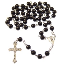 R Heaven Long Black Metal Long Catholic Rosary with Mother of God Centre 8 mm Beads, Metal, Pearl
