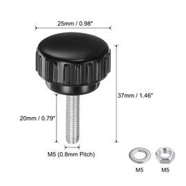 QUARKZMAN Set of 4 M5 x 20 mm Thread Knurled Buttons Thumb Screws with Nuts and Washers Clamping Knob Handle 25 mm Plastic Head Hand Buttons Thumb Screws Black