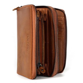 TAN.TOMI Women's Leather Wallet, Genuine Leather Wallet, Women's Large Purse with RFID Protection, Double Zips and Many Compartments, Women's Wallet, Women's Purses, light brown, Classic