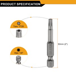 HARFINGTON TT25 Security Torx Head Screwdriver Bit 2" (50mm) Long 1/4" Hex Shank Magnetic Tamper Proof 6 Point Star Screw Driver Drill Bits S2 Steel Hole Tip Industrial Power Tools