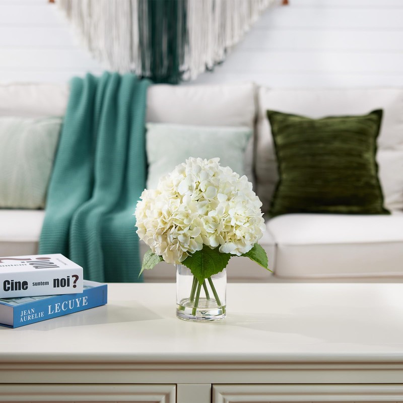 White Artificial Hydrangea Flowers with Glass Vase