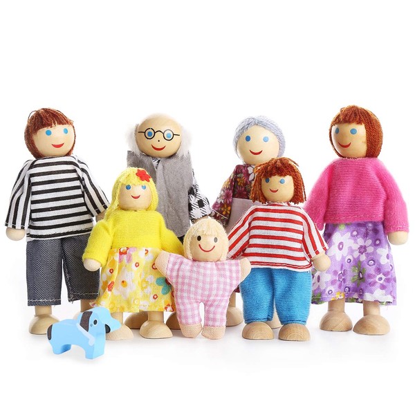 PUCKWAY Lovely Happy Family Dolls Playset Wooden Figures Set of 7 People with Dog for Kids Children Toddlers Dollhouse Pretend Gift