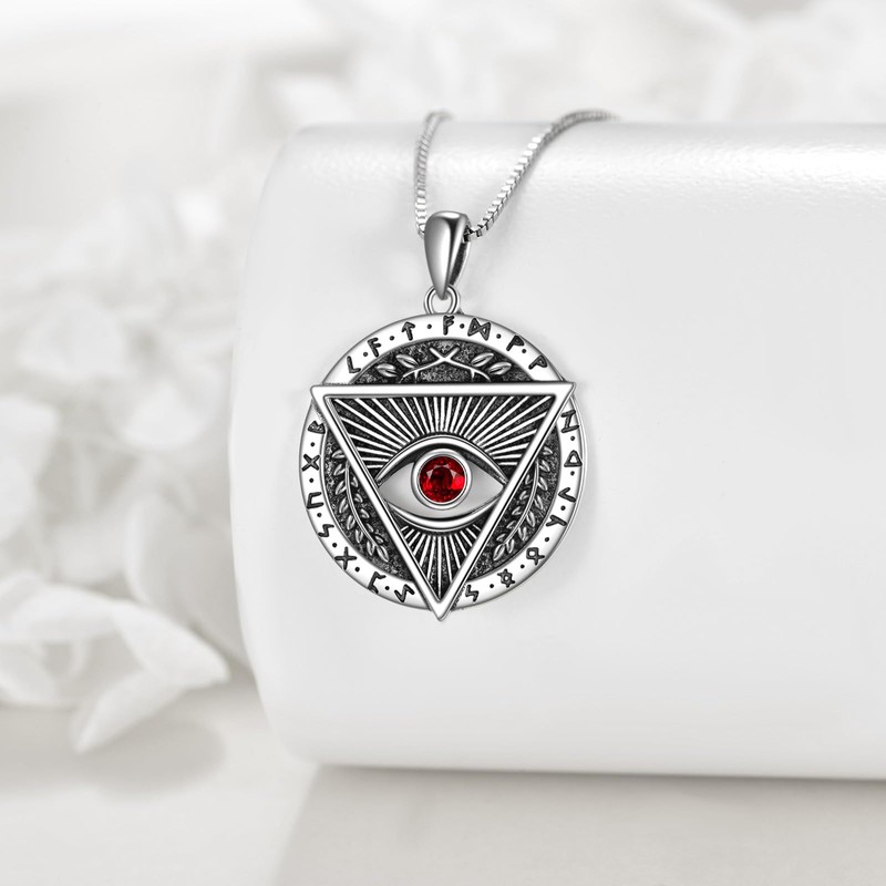 YAFEINI Vintage Evil Eye Necklace Sterling Silver Ruby Triangle Pendant