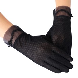 Women's Gloves, Lace, UV Protection, Summer, Smartphone Compatible, Anti-Slip, Stylish, Short, Thin, UV Gloves, Sunscreen, UV Protection, Brides, Weddings, Bicycles, Motorcycles, Car Driving (B-Black)