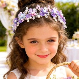 Campsis Diadema de Cristal Morado para Niñas con Flores, Accesorios para El Cabello de Princesa con Perlas, Diademas Florales para Boda para Mujeres