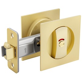 goldenwarm Brushed Gold Square Pocket Door Lock with Indicator, Pocket Door Hardware for 2-1/8'' Round Bore Hole, Pocket Door Handles Fit 1-1/4'' to 2'' Thickness Sliding Door 2-3/8'' Latch 1 Pack