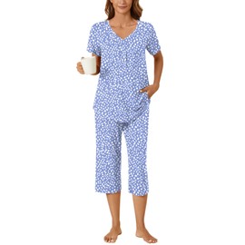 Bestbee Womens Pajama Set 2 Piece Lounge Outfits Summer Sleepwear V Neck Short Sleeve Capri Pant With Pockets Ladies Pjs, M, Spotted Blue