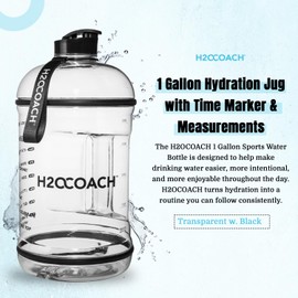 H2OCOACH 1 Gallon Hydration Jug with Time Marker & Measurements, BPA-Free Tritan Sports Drink Container, Motivational Daily Intake Tracker for Gym, Workout, & Fitness Routines (128 oz)
