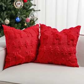 Lewondr Christmas Cushion Cover, 45 x 45 cm, Set of 2 Soft Faux Fur Cushion Covers, Velvet 3D Christmas Tree, Reindeer, Embroidery, Space Cushion Cover for Living Room, Bed, Sofa, Home Decor, Red