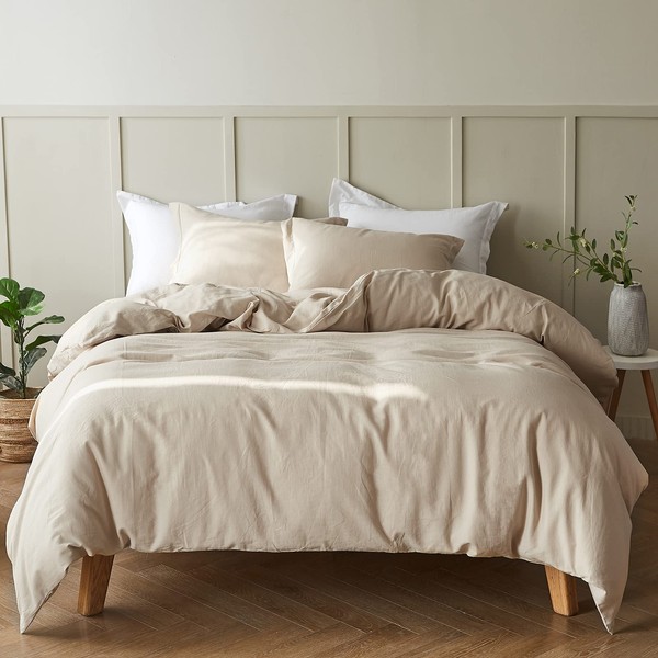 Simple&Opulence French Linen Duvet Cover Set - Queen Size(88" x 92")- 3 Pieces (1 Comforter Cover,2 Pillowcases)- Natural Flax Cotton Blend-Solid Color Breathable Farmhouse Bedding-Linen/Beige